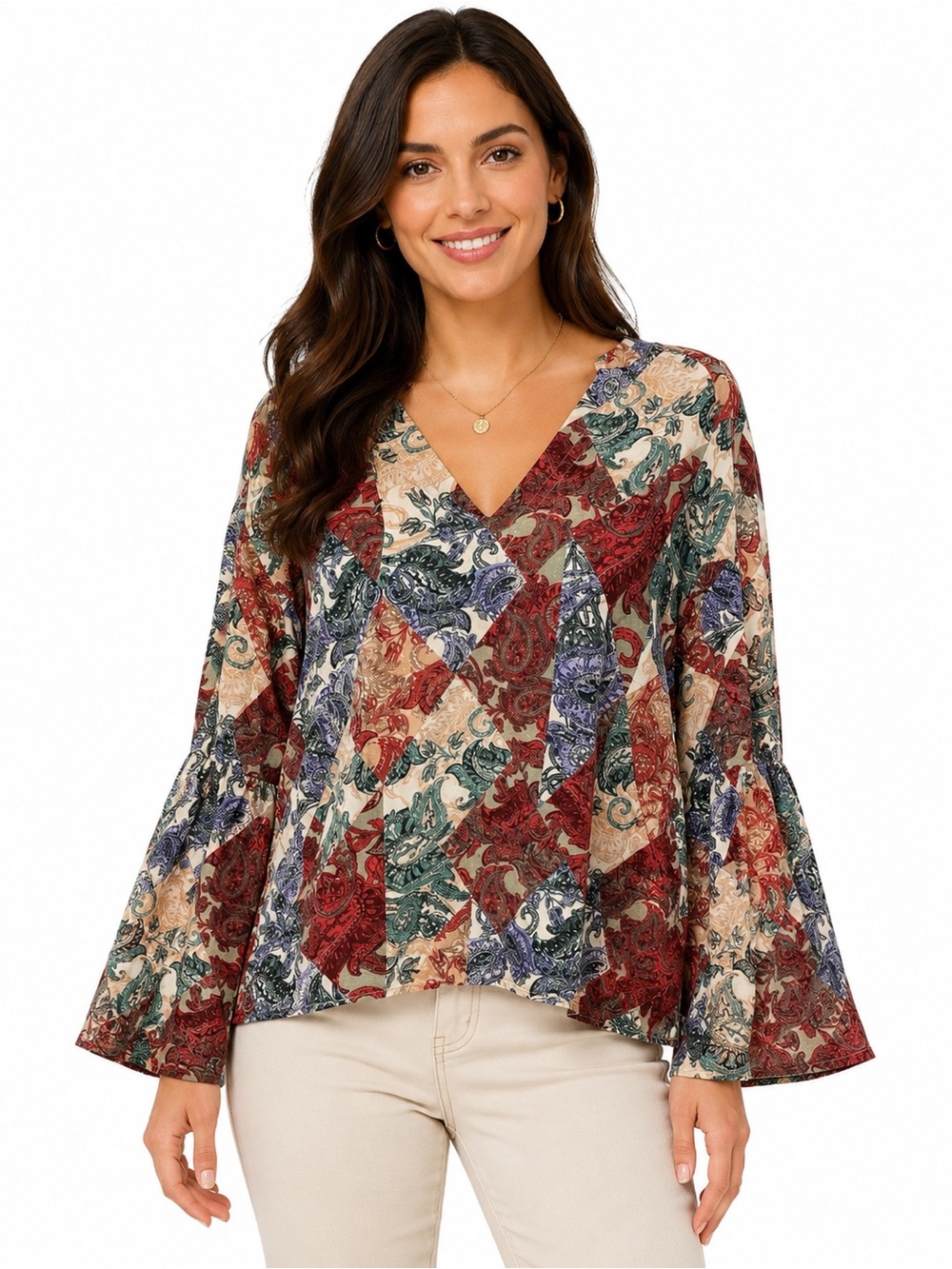Jessica Simpson Paisley Patchwork V-Neck Blouse Size M Bell Sleeve